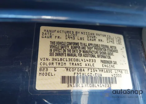 2008 Nissan Versa 1.8Sl from USA, damaged, VIN 3N1BC13E08L414233